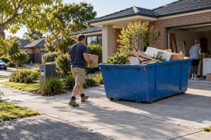 Man carrying household rubbish to a skip bin outside a home
