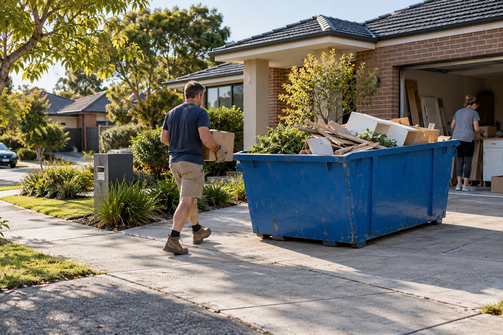Man carrying household rubbish to a skip bin outside a home